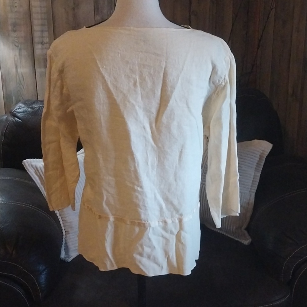 Christine Damen Size Small Linen Sheer Rayon Hem Shirt Yellow - Picture 6 of 8